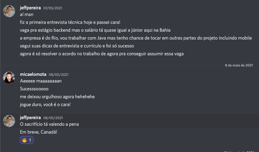 Jeff Pereira contando que passou na primeira entrevista técnica seguindo as dicas de entrevista e currículo