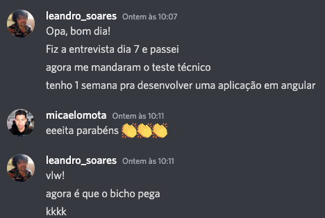 Leandro Soares contando que passou na entrevista técnica e recebeu o teste técnico