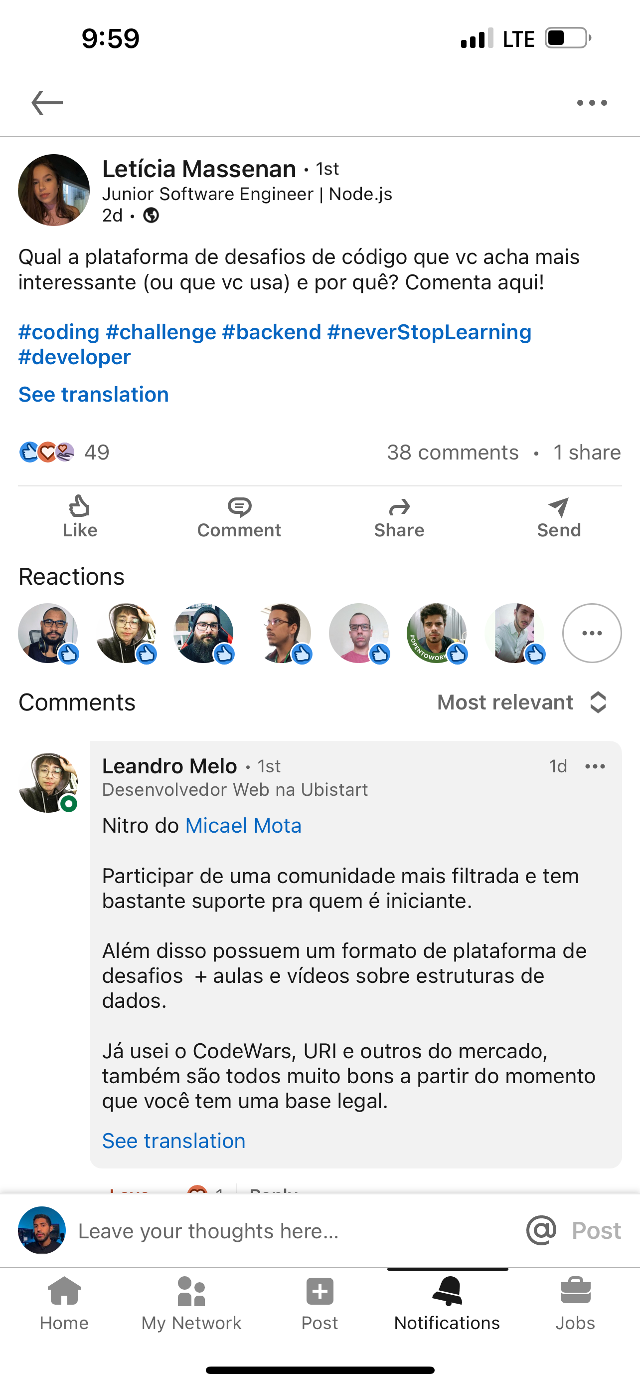 Comentário no LinkedIn recomendando o Nitro do Micael Mota como plataforma de desafios de código